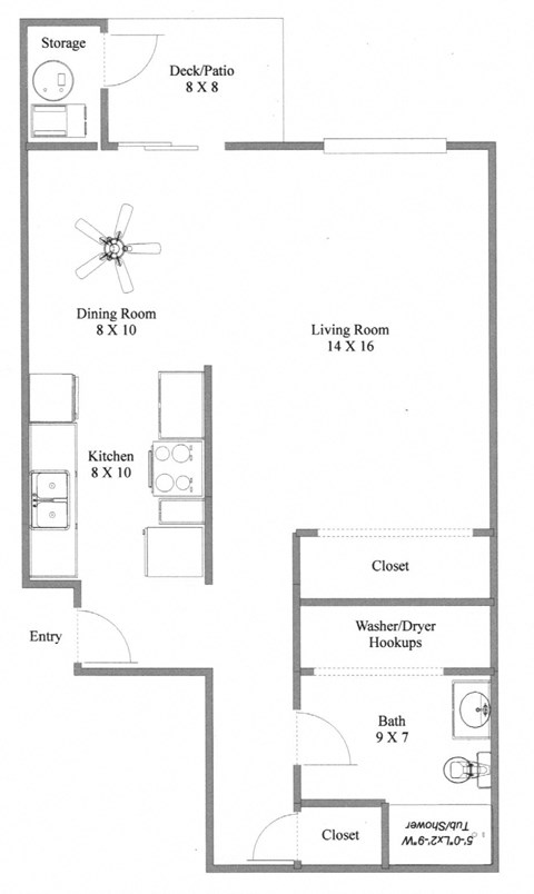 Floor plan for studio, 1 bath, 685 sqft